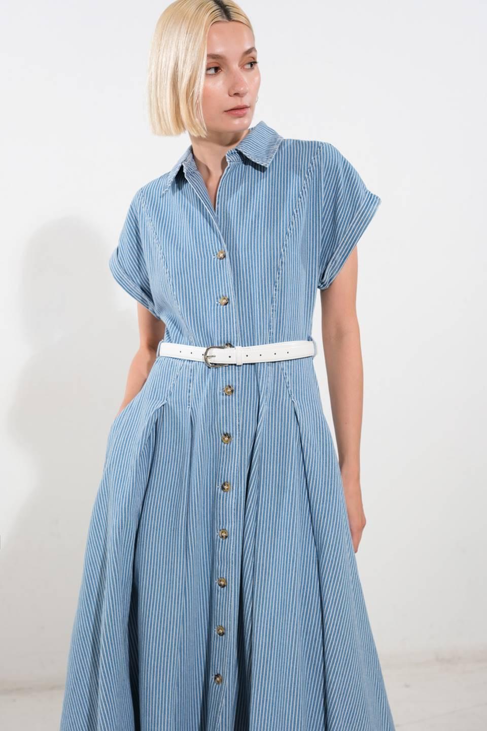 Flying Tomato SOAK IN THE SUN denim midi dress in blue and white, featuring a classic sleeveless design and casual, stylish fit.
