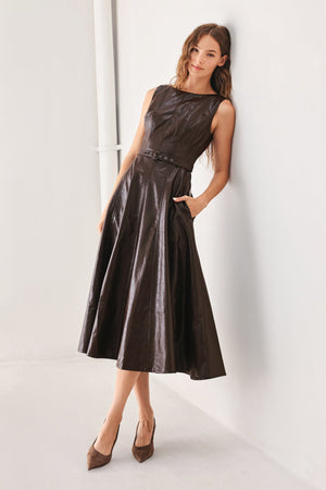 Dark brown faux leather midi dress by Flying Tomato with a fitted silhouette and stylish design, shown on a hanger.