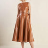 LUNAR SYMPHONY FAUX LEATHER MIDI DRESS - CAMEL