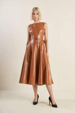 Flying Tomato Lunar Symphony faux leather midi dress in camel, featuring a sleek, fitted silhouette and stylish design.