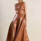 Flying Tomato Lunar Symphony faux leather midi dress in camel color, featuring a sleek, stylish design perfect for versatile wear.