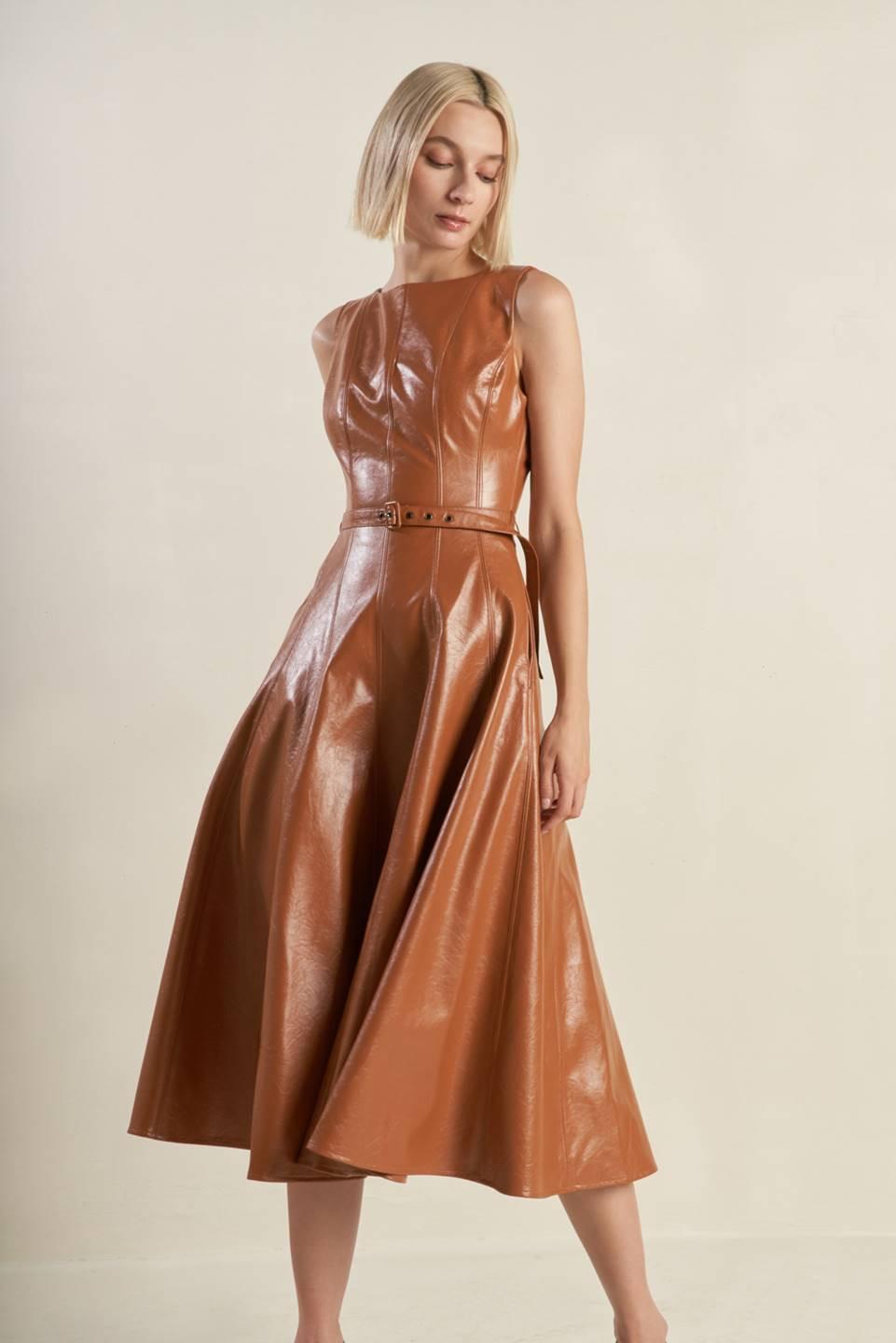 Flying Tomato Lunar Symphony faux leather midi dress in camel color, featuring a sleek, stylish design perfect for versatile wear.
