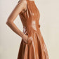 Flying Tomato Lunar Symphony faux leather midi dress in camel color, featuring a sleek, fitted silhouette and stylish design.