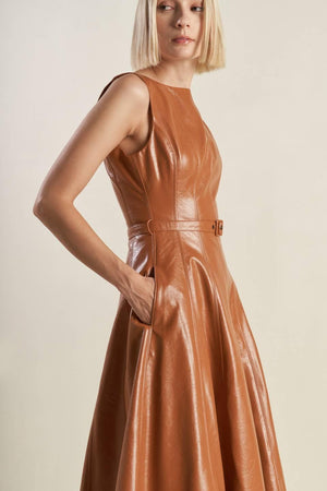 Flying Tomato Lunar Symphony faux leather midi dress in camel color, featuring a sleek, fitted silhouette and stylish design.