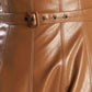 Flying Tomato Lunar Symphony faux leather midi dress in camel color, stylish and fitted with a sleek design.