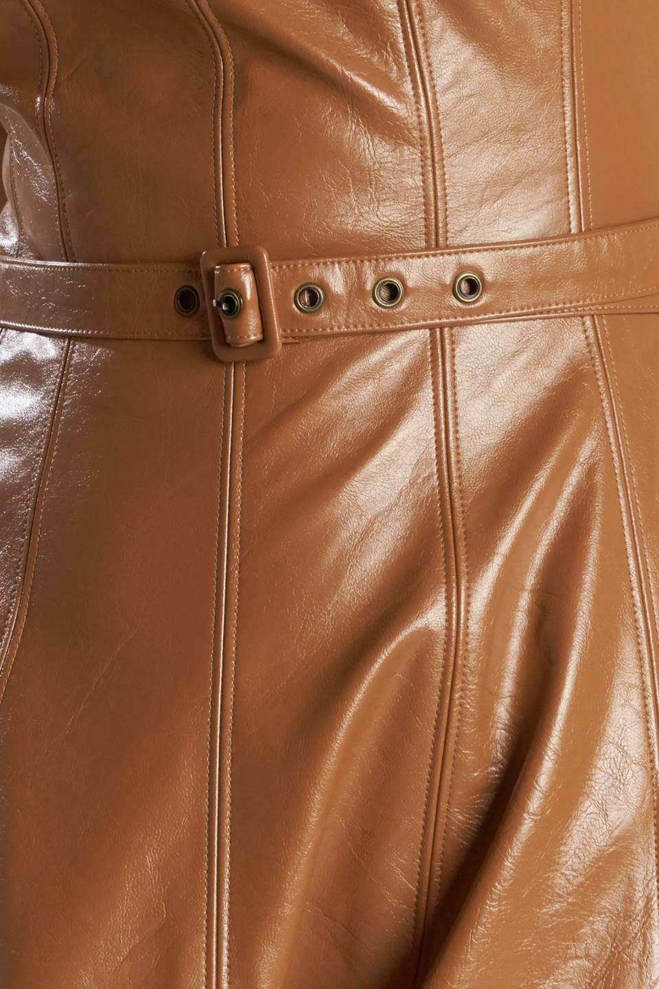 Flying Tomato Lunar Symphony faux leather midi dress in camel color, stylish and fitted with a sleek design.