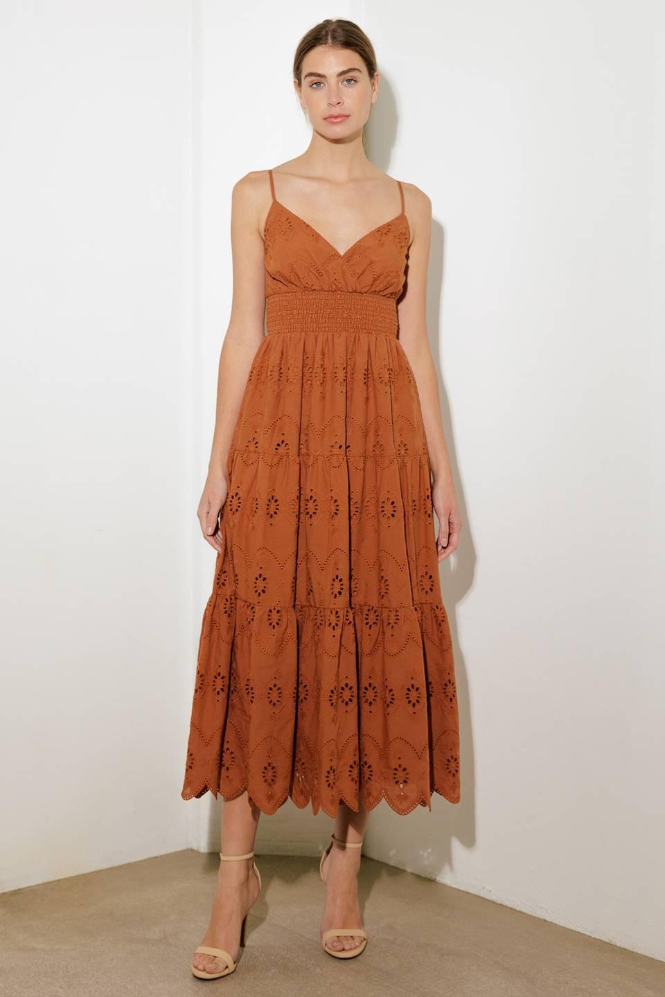 Brown Luminous Bliss woven eyelet midi dress by Flying Tomato, featuring intricate eyelet details and a flowing midi length.