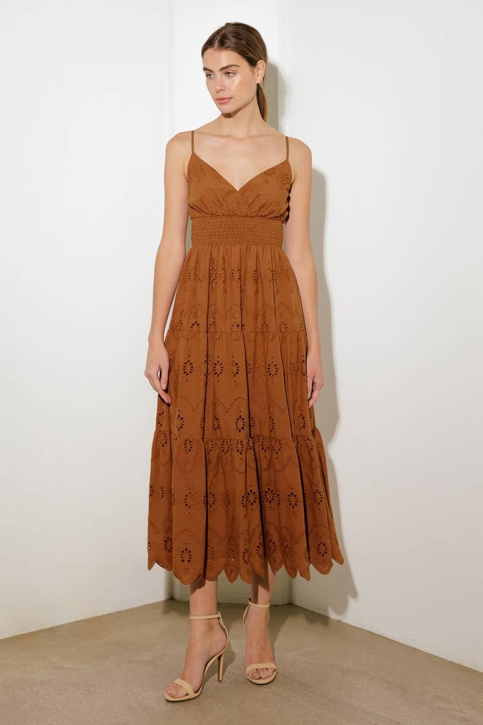 Brown Luminous Bliss woven eyelet midi dress by Flying Tomato, featuring intricate eyelet details and a flowing silhouette.