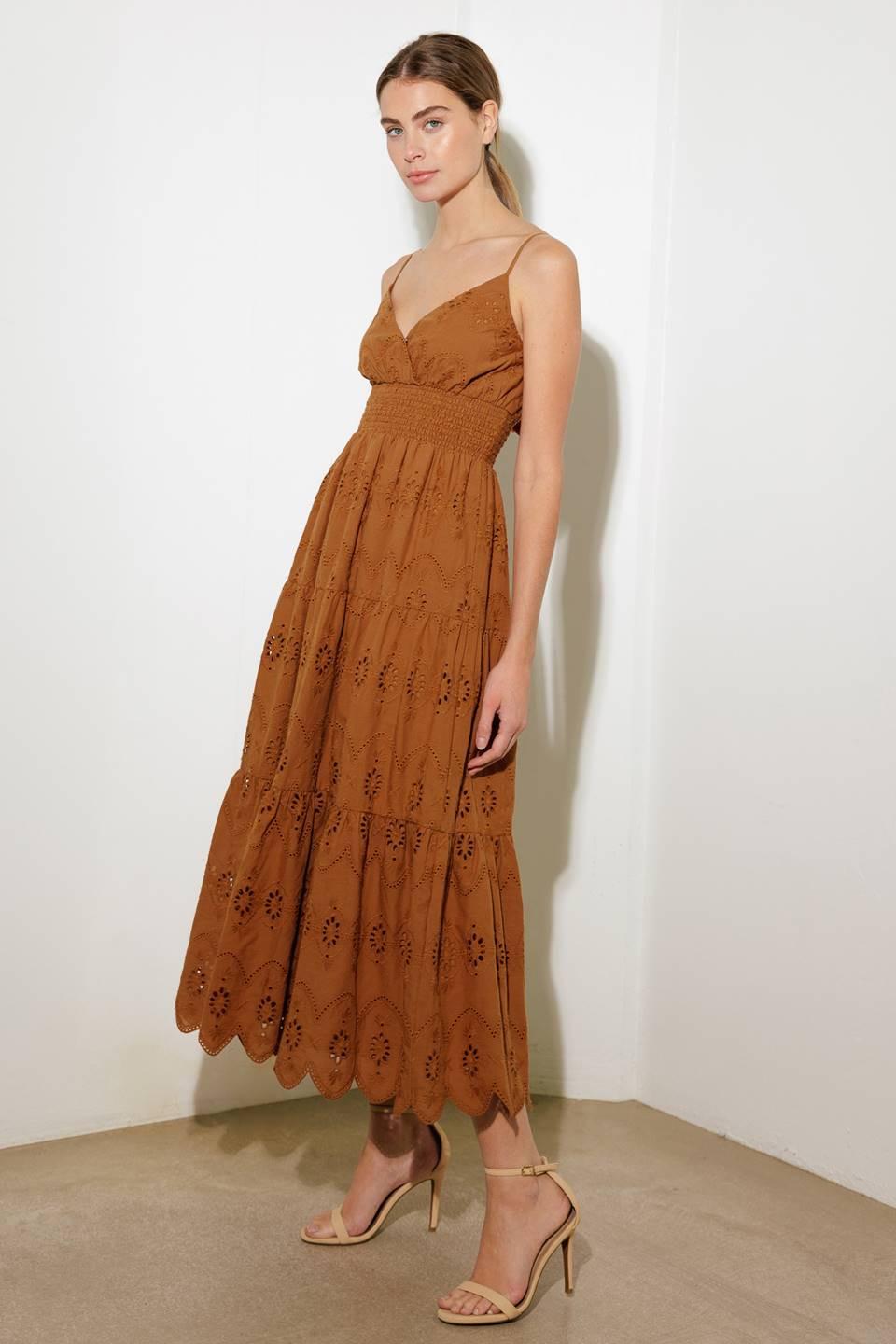 Brown Luminous Bliss woven eyelet midi dress by Flying Tomato, featuring intricate eyelet details and a flowing silhouette.