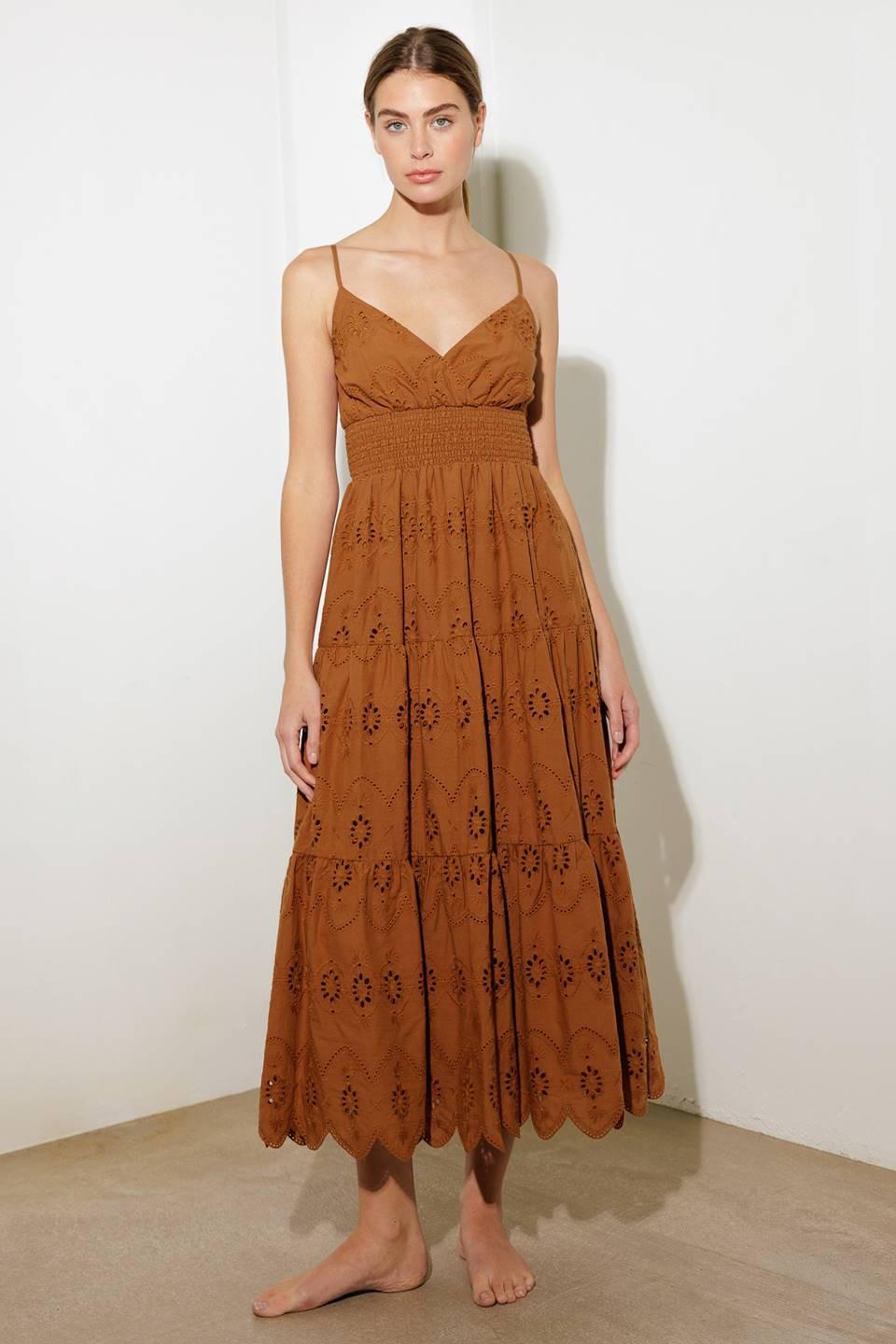 Brown Luminous Bliss woven eyelet midi dress by Flying Tomato, featuring a flowy silhouette and intricate eyelet details.