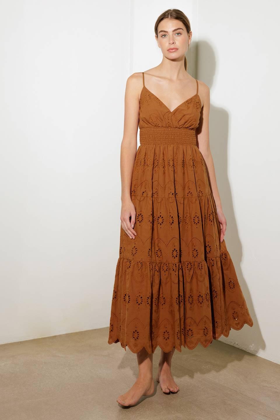 Brown luminous bliss woven eyelet midi dress by Flying Tomato, featuring a stylish and breathable design perfect for warm weather.