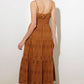 Brown Luminous Bliss woven eyelet midi dress by Flying Tomato, featuring intricate eyelet details and a flowing silhouette.