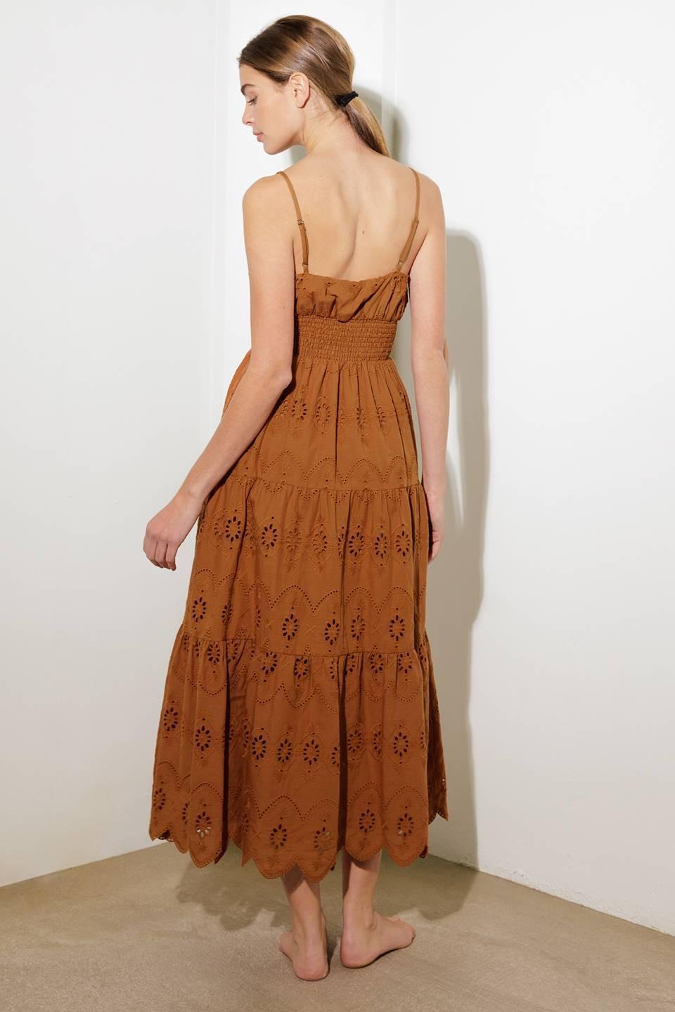 Brown Luminous Bliss woven eyelet midi dress by Flying Tomato, featuring intricate eyelet details and a flowing silhouette.