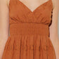 Brown woven eyelet midi dress by Flying Tomato featuring a fitted waist and short sleeves, perfect for casual summer wear.