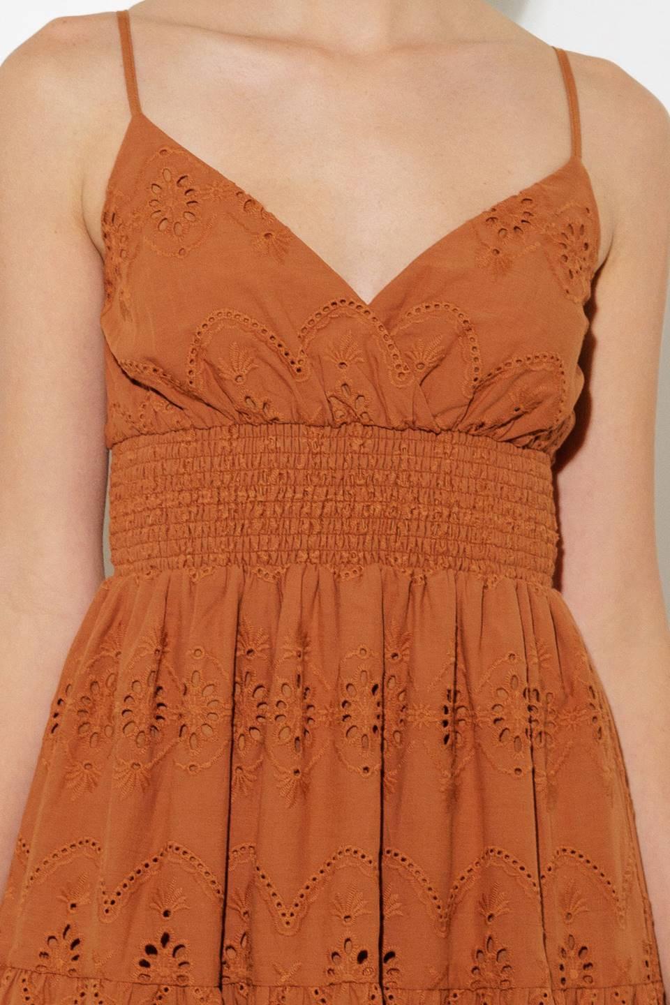 Brown woven eyelet midi dress by Flying Tomato featuring a fitted waist and short sleeves, perfect for casual summer wear.