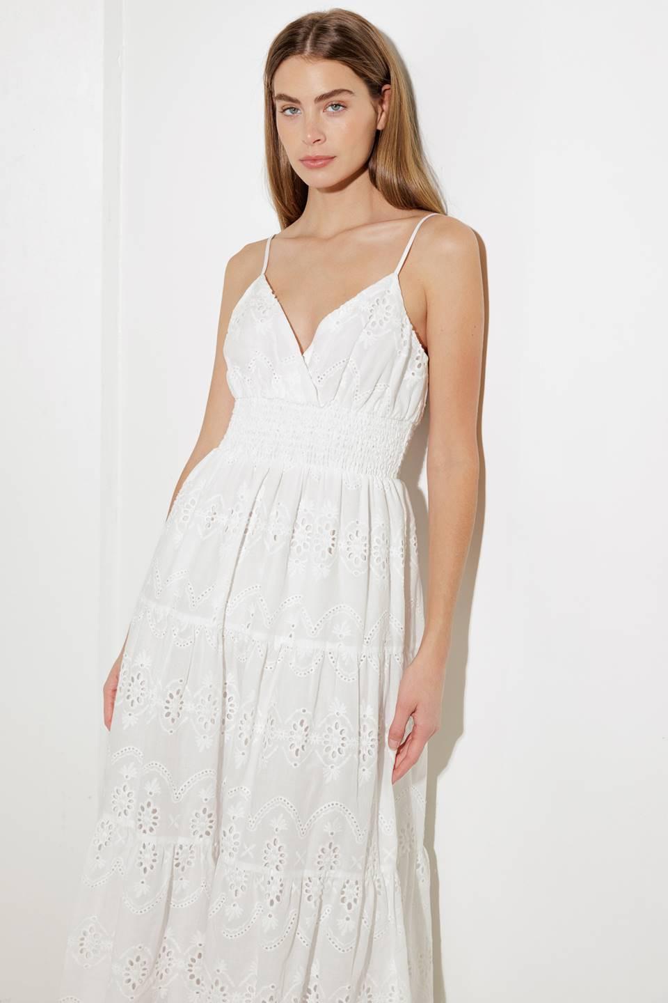 Off-white Luminous Bliss woven eyelet midi dress by Flying Tomato, featuring intricate eyelet details and a flowing silhouette.