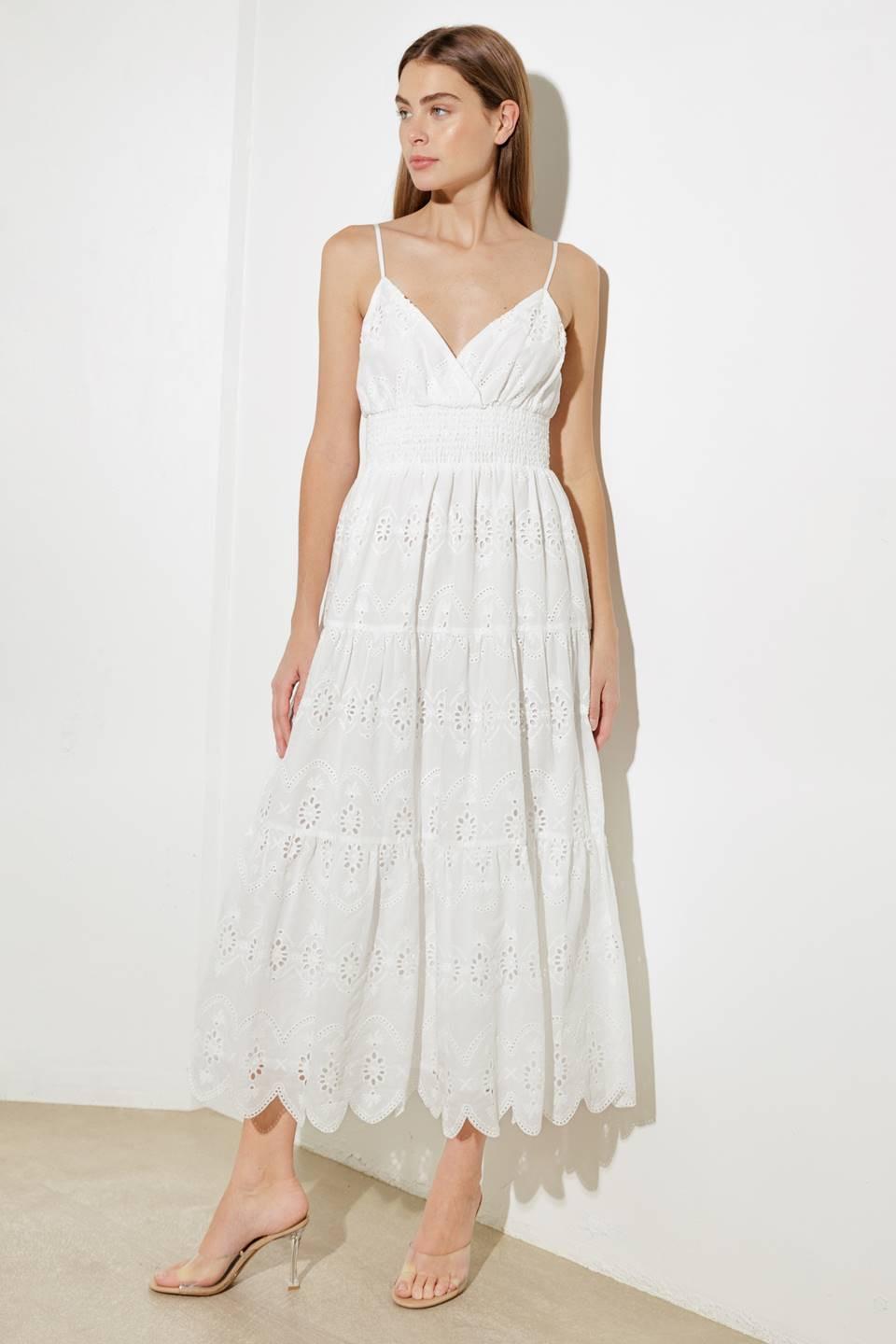 Off-white luminous bliss woven eyelet midi dress by Flying Tomato, featuring delicate eyelet details and a flowing silhouette.
