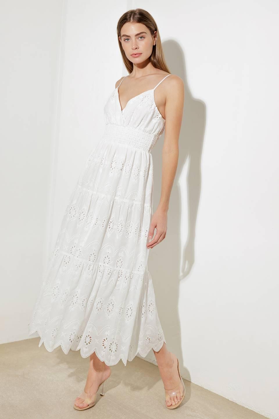 Off-white luminous bliss woven eyelet midi dress by Flying Tomato, featuring delicate eyelet details and a flowing silhouette.