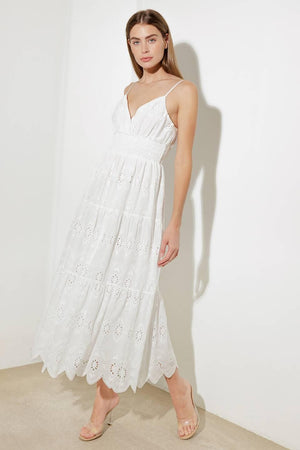 Off-white luminous bliss woven eyelet midi dress by Flying Tomato, featuring delicate eyelet details and a flowing silhouette.