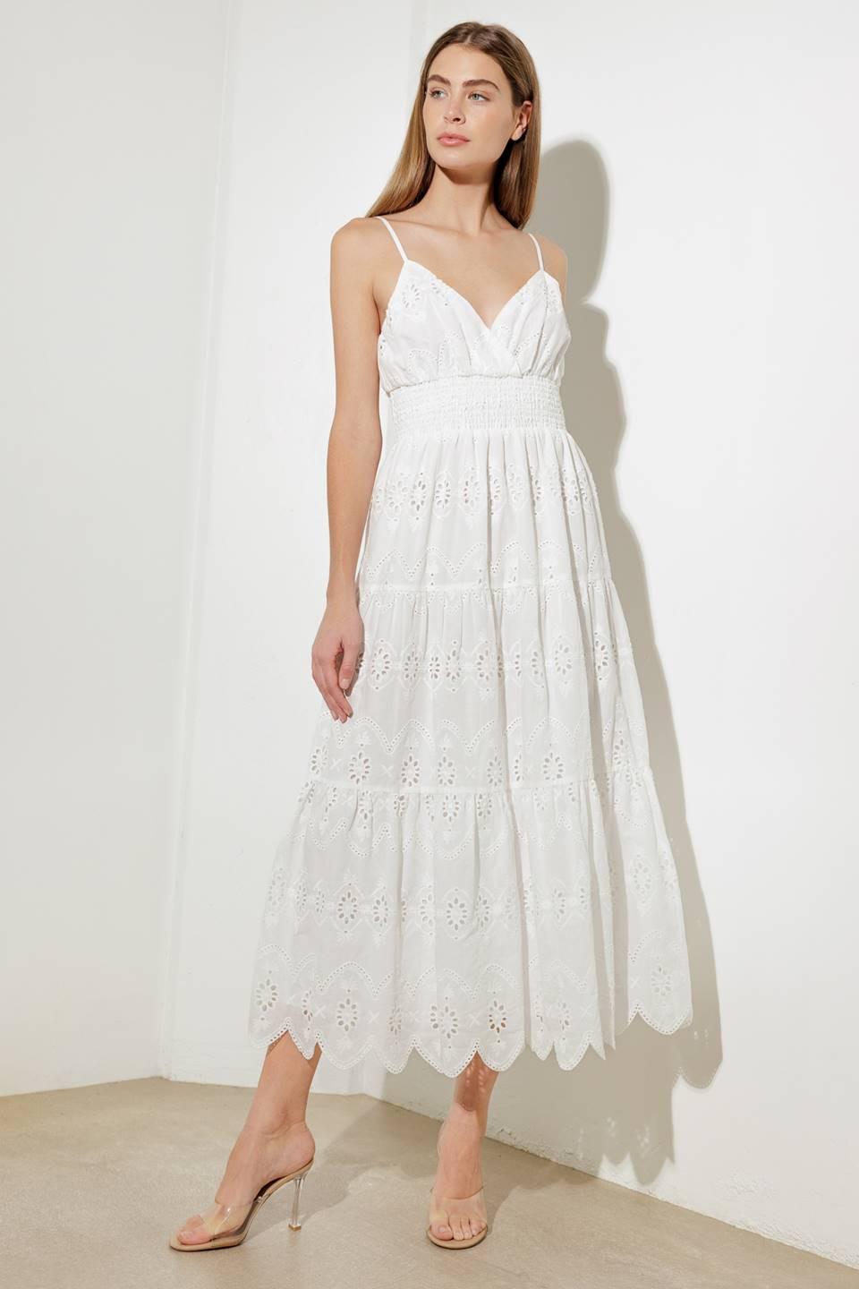 Off-white luminous bliss woven eyelet midi dress by Flying Tomato, featuring delicate eyelet details and a flowing silhouette.
