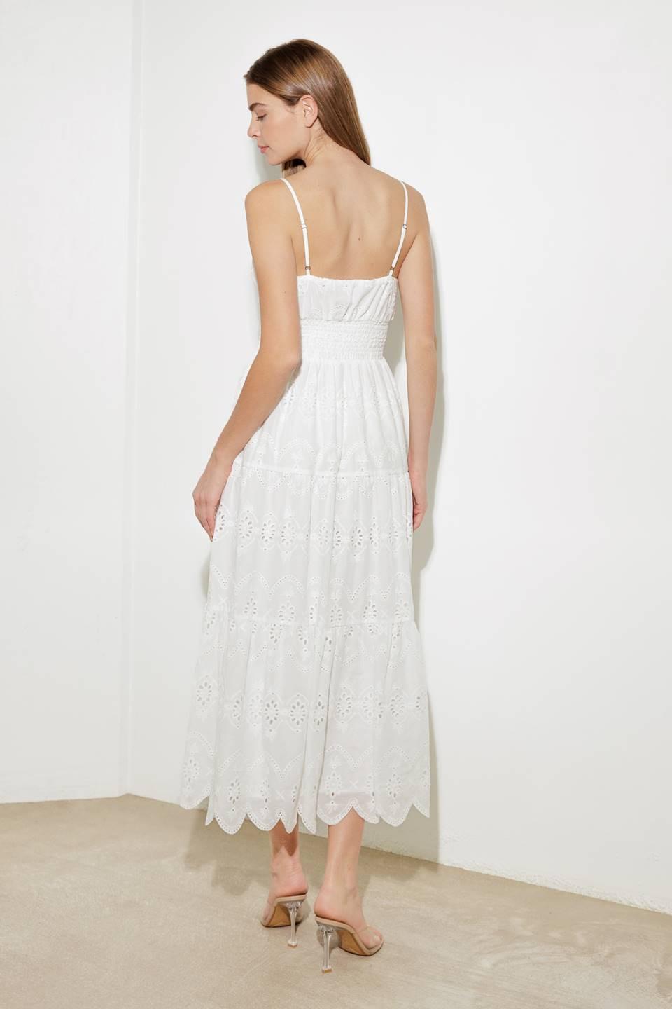Off-white luminous bliss woven eyelet midi dress by Flying Tomato, featuring delicate eyelet details and a flowing silhouette.