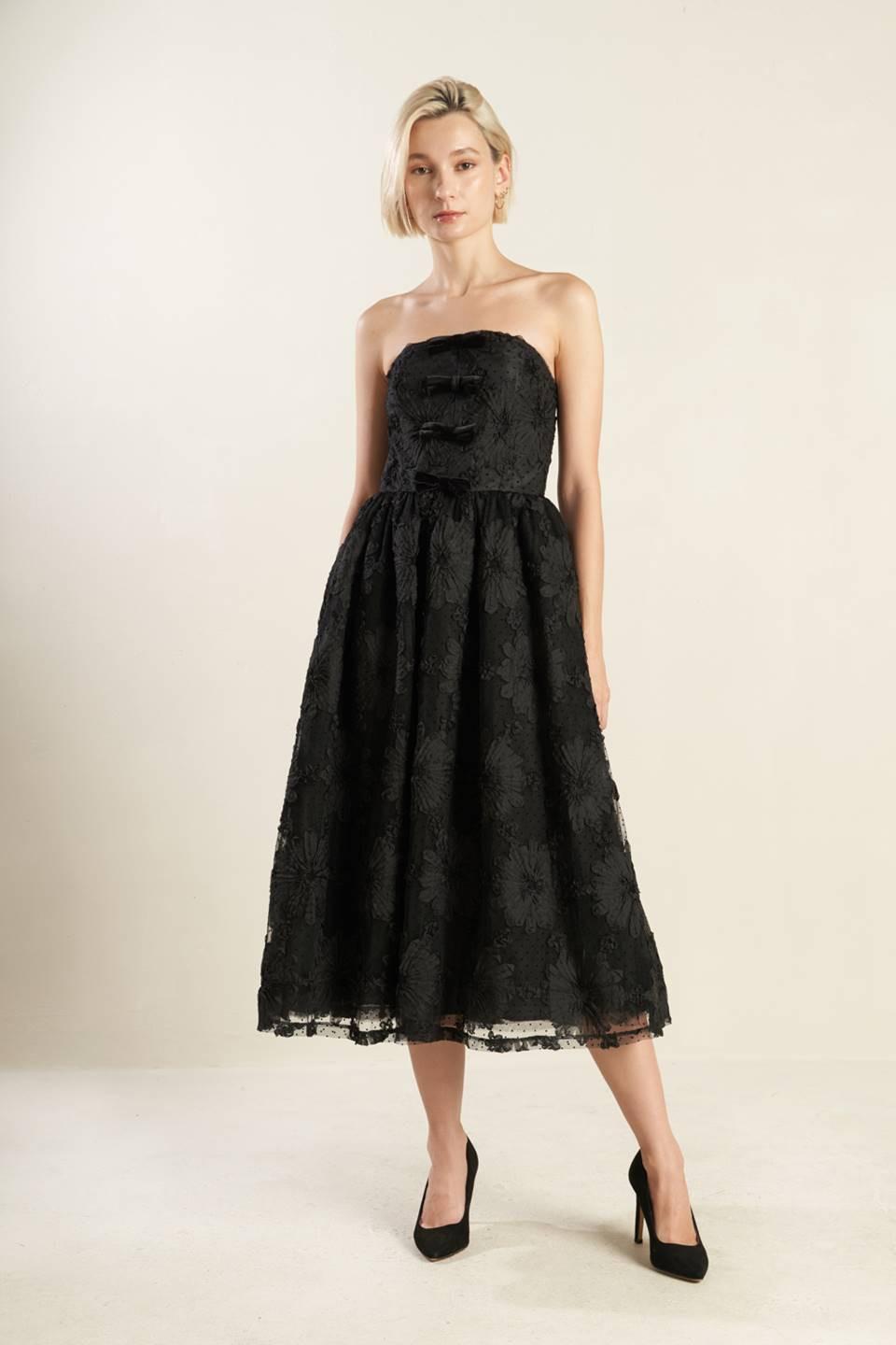 Black Confidence Game lace midi dress by Flying Tomato, featuring intricate lace details and a flattering midi length.