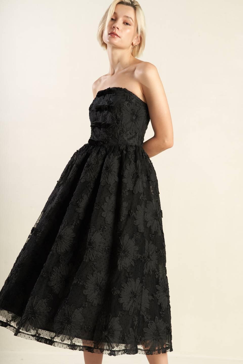 Black Confidence Game lace midi dress by Flying Tomato featuring intricate lace details and a fitted silhouette.