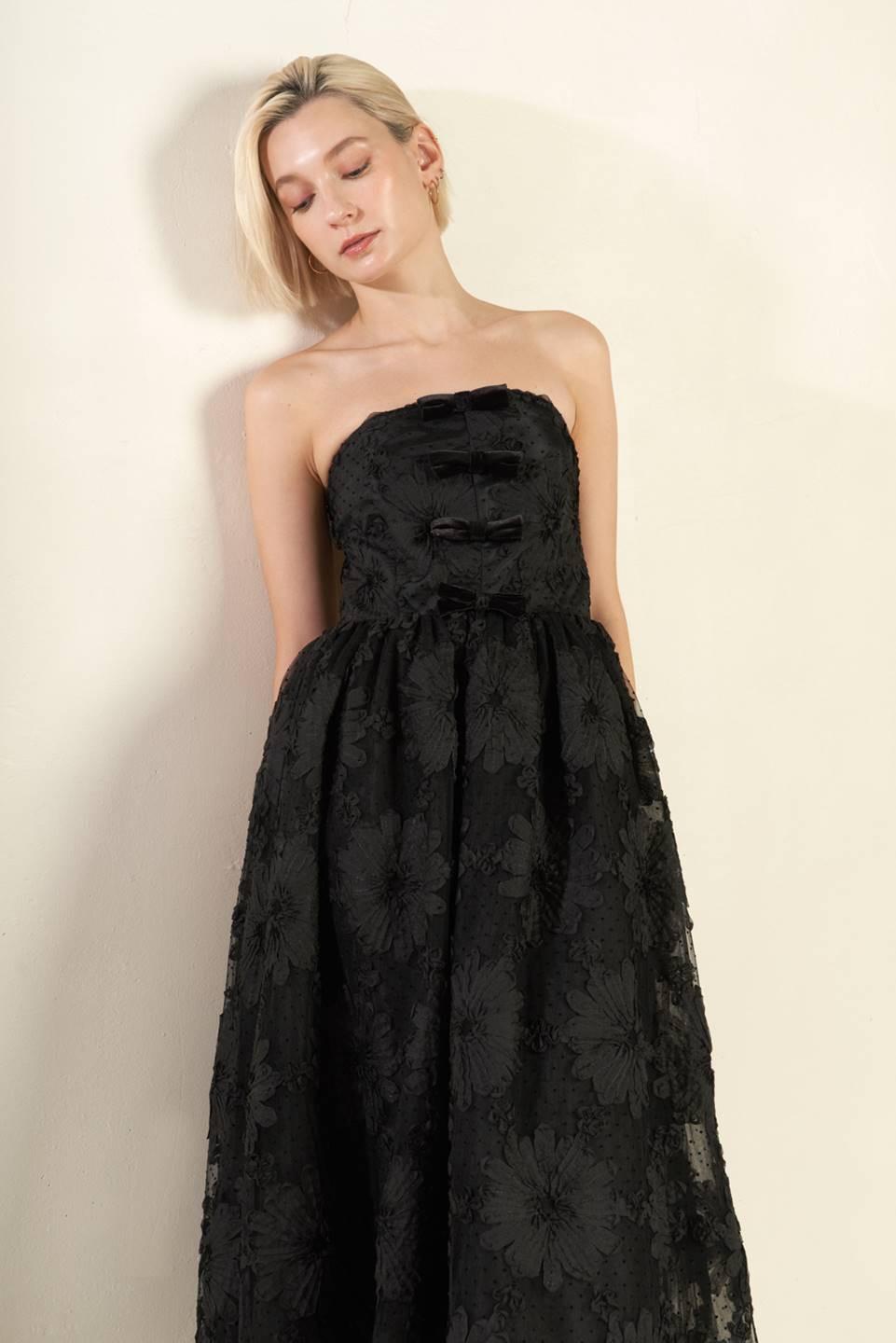 Black Confidence Game lace midi dress by Flying Tomato, featuring intricate lace details and a flattering fit.