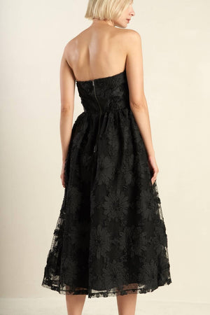 Black Confidence Game lace midi dress by Flying Tomato, featuring intricate lace details and a flattering midi length.