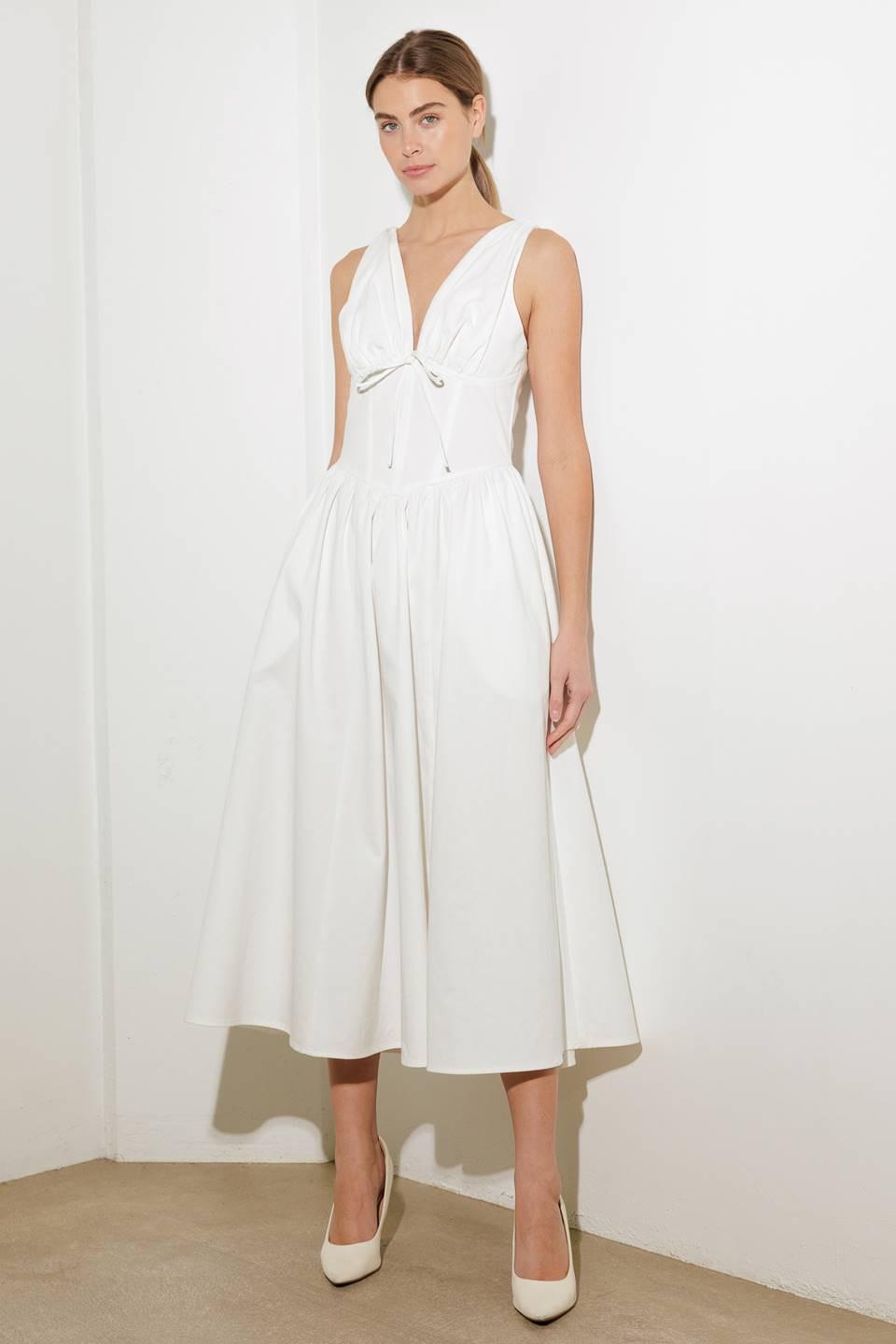 Flying Tomato Fanciful Escapes woven midi dress in white, featuring a flowy design and intricate fabric details.