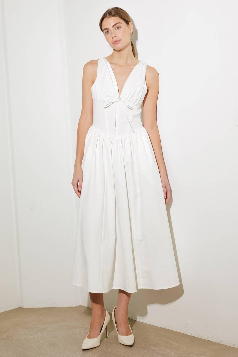 White woven midi dress from Flying Tomato's Fanciful Escapes collection, featuring a flowing, lightweight design.