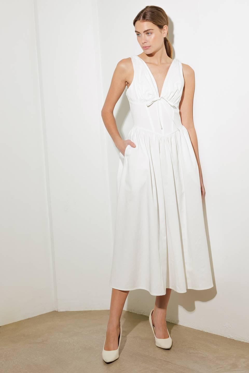 White woven midi dress from Flying Tomato's Fanciful Escapes collection, featuring a flowing, stylish dress with a relaxed fit.