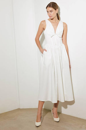 White woven midi dress from Flying Tomato's Fanciful Escapes collection, featuring a flowing, stylish dress with a relaxed fit.