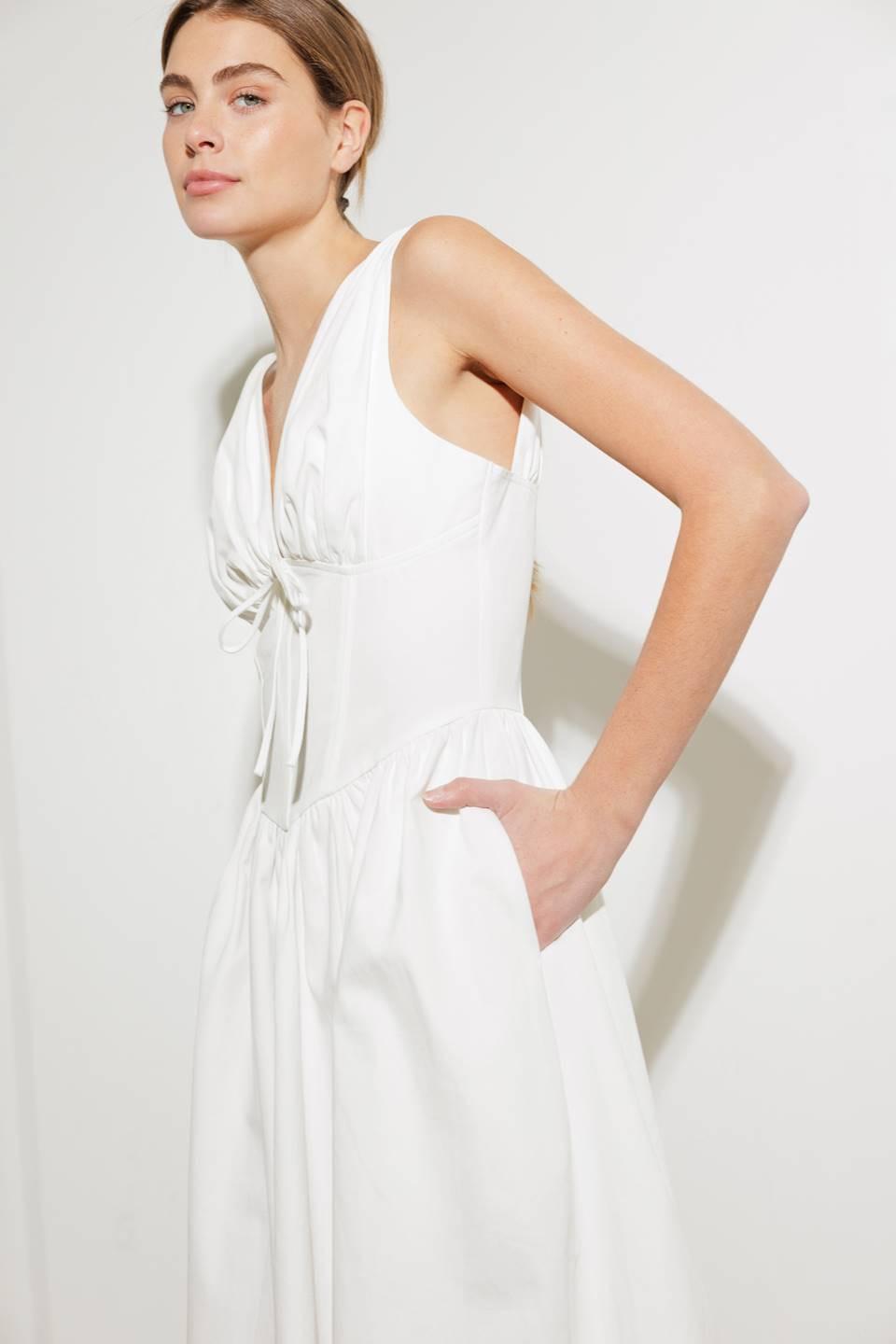 Flying Tomato Fanciful Escapes woven midi dress in white, featuring a stylish, flowy design and intricate woven details.