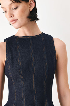 Dark denim Flying Tomato classical ballet-inspired mini dress with a fitted bodice and flared skirt, perfect for casual wear.