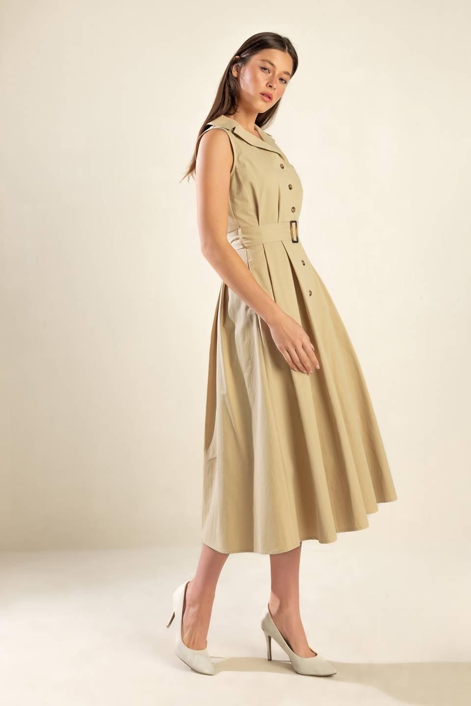 Beige woven midi dress by Flying Tomato featuring a relaxed fit and stylish design, perfect for casual or dressy occasions.