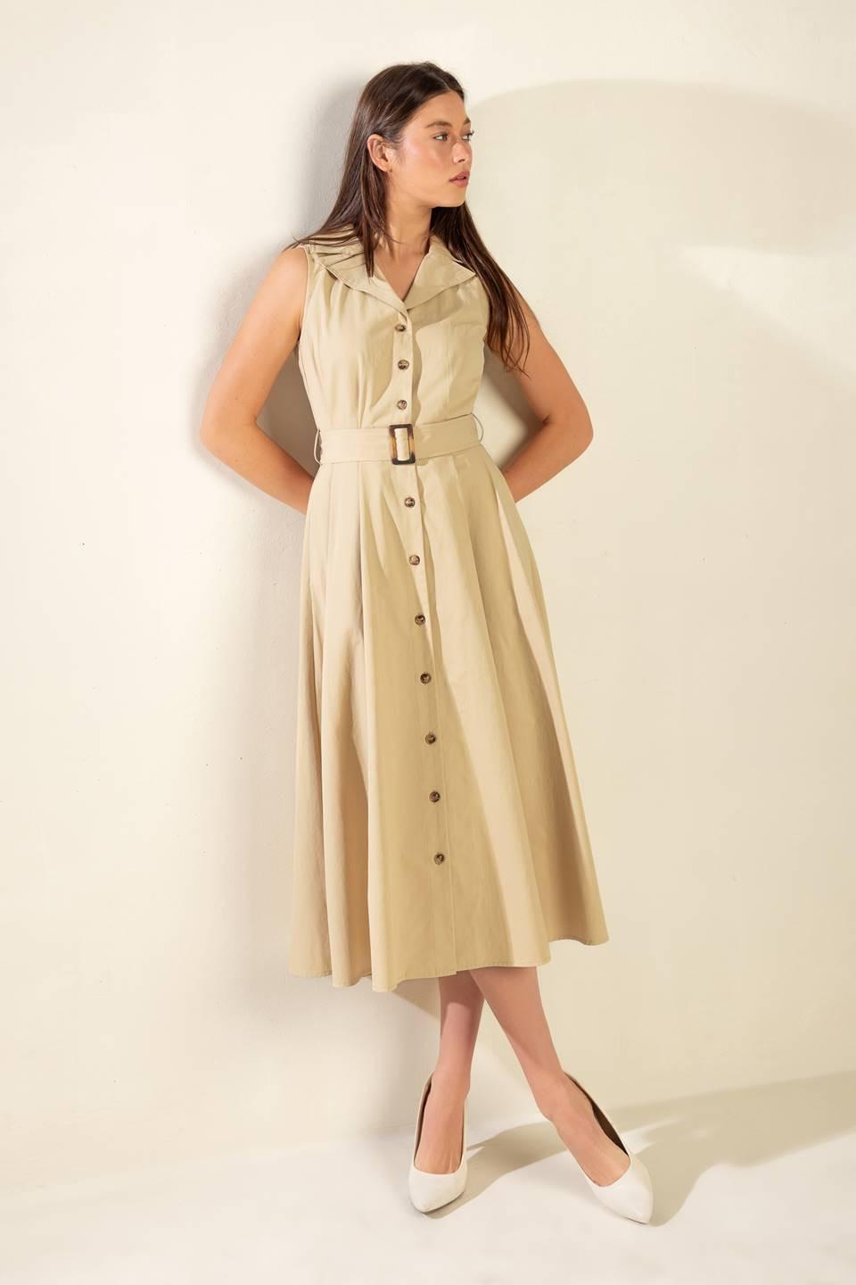 Flying Tomato beige woven midi dress from the Ideal Approach collection, featuring a stylish and comfortable design.