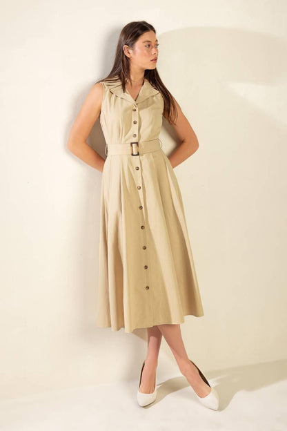Flying Tomato beige woven midi dress from the Ideal Approach collection, featuring a stylish and comfortable design.