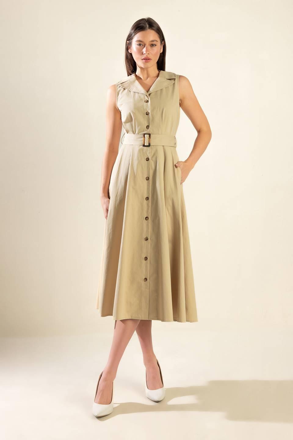 Beige woven midi dress from Flying Tomato's Ideal Approach collection, featuring a stylish, flowy design perfect for casual wear.