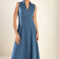 Flying Tomato Genevieve denim midi dress, medium wash with fitted bodice and flowing skirt, perfect for casual or semi-formal wear.