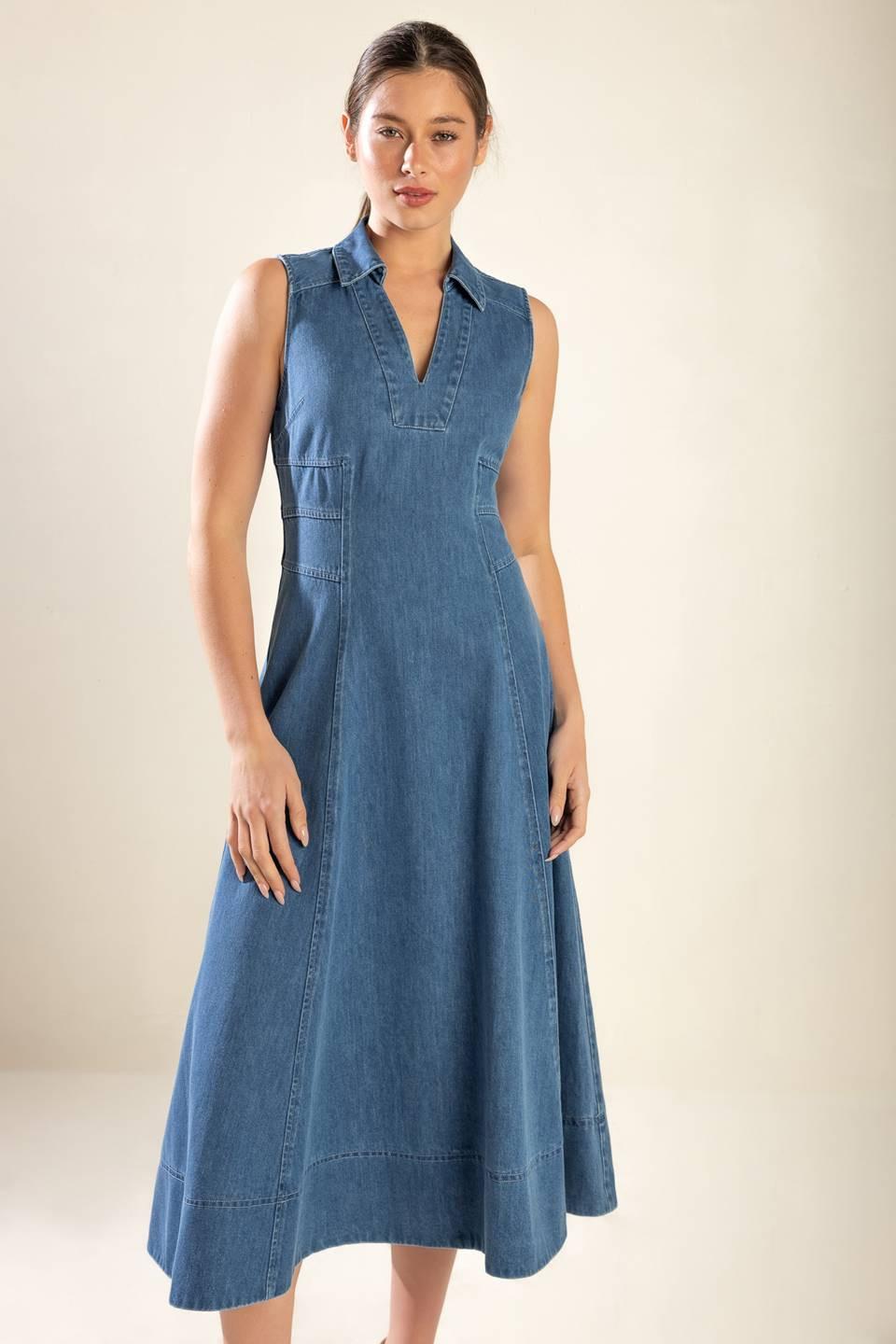 Flying Tomato Genevieve denim midi dress, medium wash with fitted bodice and flowing skirt, perfect for casual or semi-formal wear.