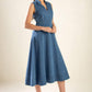 Flying Tomato Genevieve denim midi dress shown in medium wash with a fitted bodice and flowing skirt.