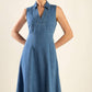 Flying Tomato Genevieve denim midi dress displayed on a model, showcasing casual, stylish mid-length denim dress design.