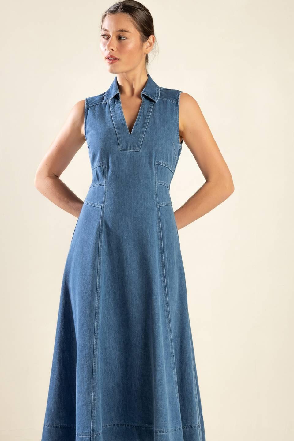 Flying Tomato Genevieve denim midi dress displayed on a model, showcasing casual, stylish mid-length denim dress design.