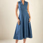Flying Tomato Genevieve denim midi dress in medium wash, stylish and casual with a fitted waist and sleeveless design.