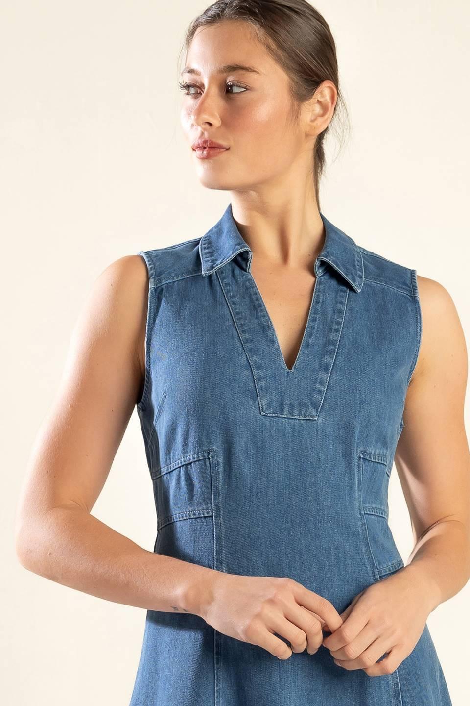 Medium denim midi dress from Flying Tomato's Genevieve collection, featuring a stylish, casual design with a fitted waist.
