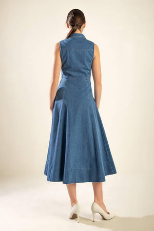 Flying Tomato Genevieve Denim Midi Dress, medium wash, sleeveless design with a fitted bodice and flowing skirt, casual chic style.