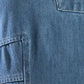 Medium denim Flying Tomato Genevieve denim midi dress displayed on a hanger with a fitted silhouette and button-down front.