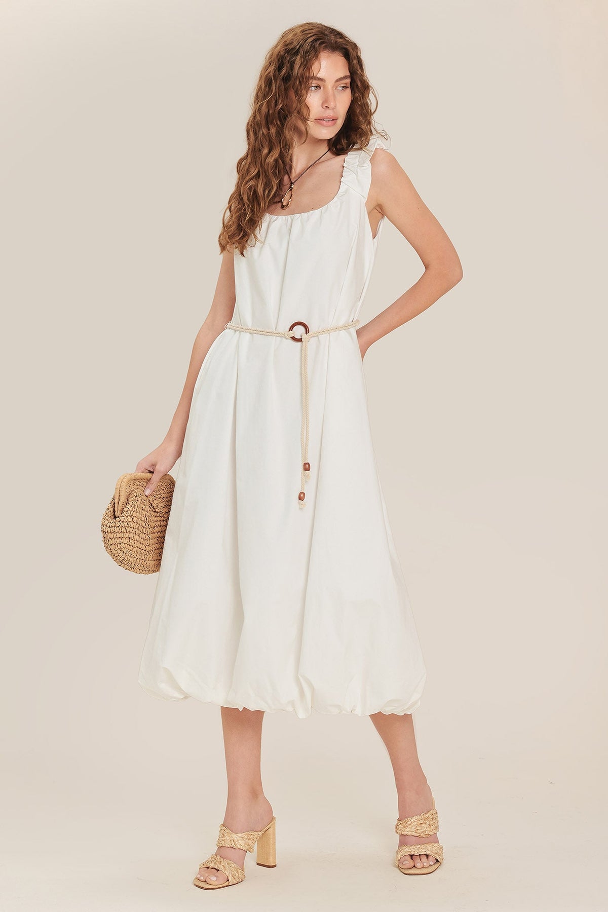 Off-white woven midi dress by Flying Tomato from Riverside Sips collection, featuring a flowing silhouette and stylish design.