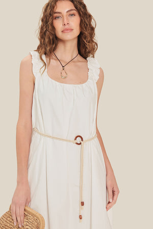 Flying Tomato Riverside Sips woven midi dress in off-white, featuring a stylish, lightweight fabric and elegant design.